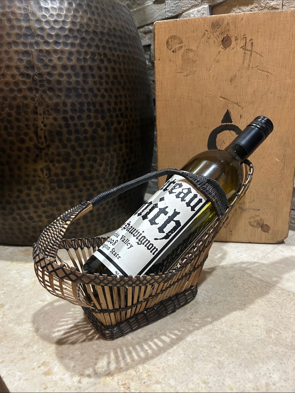 Vintage wicker wine bottle holder caddy